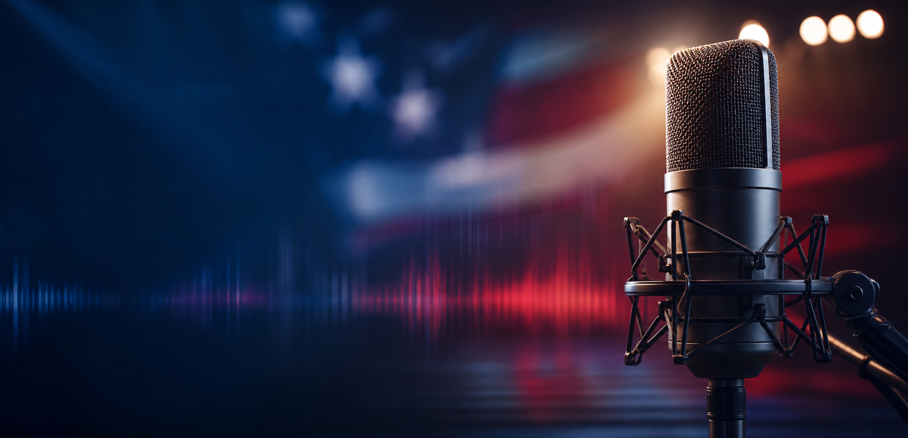 A polished studio microphone with warm navy, gold, and red lighting